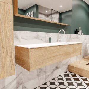 MONDIAZ LUSH 150 badmeubel washed oak 1 lade wastafel CLOUD rechts 1 kraangat