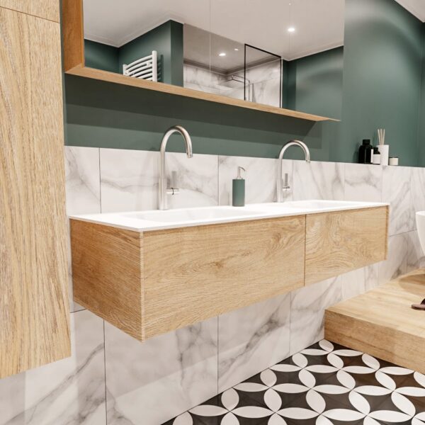 MONDIAZ LUSH 150 badmeubel washed oak 2 lades wastafel dubbel 2 kraangaten