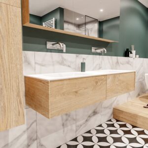 MONDIAZ LUSH 150 badmeubel washed oak 2 lades wastafel dubbel geen kraangat