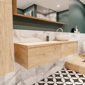 MONDIAZ LUSH 150 badmeubel washed oak 2 lades wastafel BARCO rechts 1 kraangat