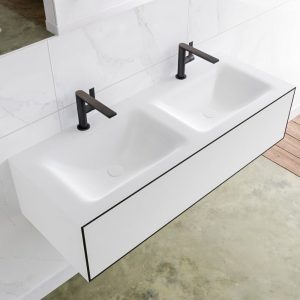 MONDIAZ LAGOM 120 badmeubel solid surface urban 1 lade CLOUD dubbel 2 kraangaten