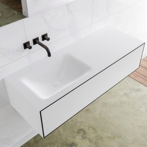 MONDIAZ LAGOM 120 badmeubel solid surface urban 1 lade CLOUD links 0 kraangaten