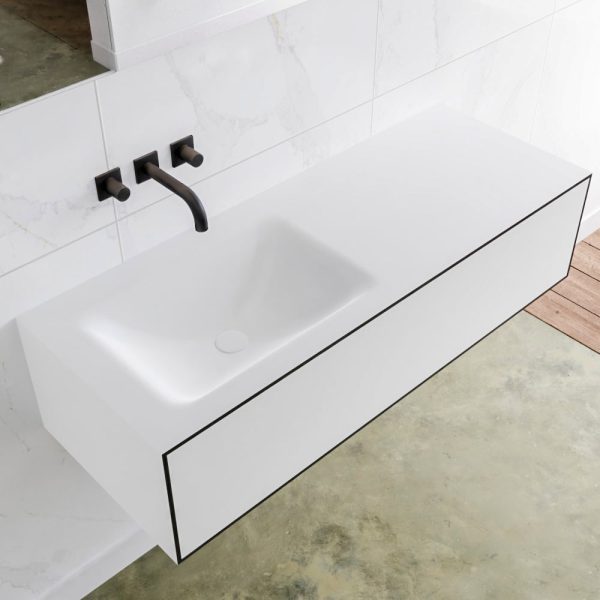 MONDIAZ LAGOM 120 badmeubel solid surface urban 1 lade CLOUD links 0 kraangaten