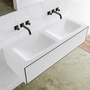 MONDIAZ LAGOM 120 badmeubel solid surface urban 1 lade CLOUD dubbel 0 kraangaten