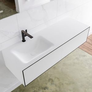 MONDIAZ LAGOM 130 badmeubel solid surface urban 2 lades CLOUD links 1 kraangat