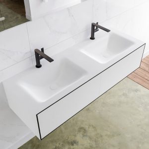 MONDIAZ LAGOM 130 badmeubel solid surface urban 2 lades CLOUD dubbel 2 kraangaten