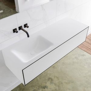 MONDIAZ LAGOM 130 badmeubel solid surface urban 1 lade CLOUD links 0 kraangaten