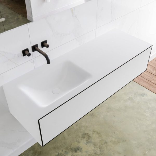 MONDIAZ LAGOM 130 badmeubel solid surface urban 1 lade CLOUD links 0 kraangaten