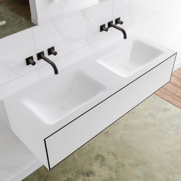 MONDIAZ LAGOM 130 badmeubel solid surface urban 1 lade CLOUD dubbel 0 kraangaten