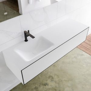 MONDIAZ LAGOM 140 badmeubel solid surface urban 1 lade CLOUD links 1 kraangat