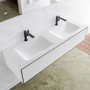MONDIAZ LAGOM 140 badmeubel solid surface urban 1 lade CLOUD dubbel 2 kraangaten