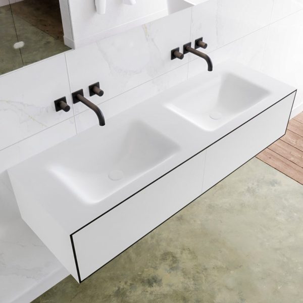 MONDIAZ LAGOM 140 badmeubel solid surface urban 2 lades CLOUD dubbel 0 kraangaten