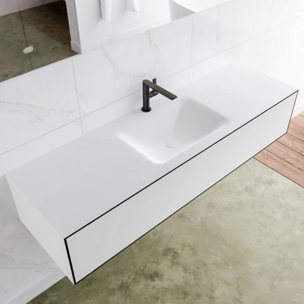 MONDIAZ LAGOM 150 badmeubel solid surface urban 1 lade CLOUD midden 1 kraangat