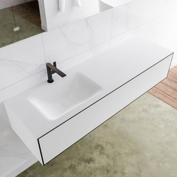 MONDIAZ LAGOM 150 badmeubel solid surface urban 1 lade CLOUD links 1 kraangat