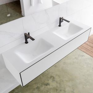 MONDIAZ LAGOM 150 badmeubel solid surface urban 1 lade CLOUD dubbel 2 kraangaten
