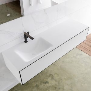 MONDIAZ LAGOM 150 badmeubel solid surface urban 2 lades CLOUD links 1 kraangat