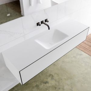 MONDIAZ LAGOM 150 badmeubel solid surface urban 1 lade CLOUD midden 0 kraangaten