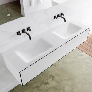 MONDIAZ LAGOM 150 badmeubel solid surface urban 1 lade CLOUD dubbel 0 kraangaten