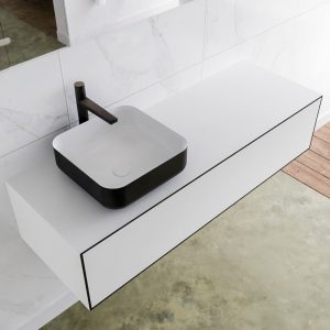 MONDIAZ LAGOM 130 badmeubel solid surface urban 1 lades BINX links 1 kraangat