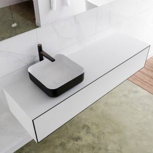 MONDIAZ LAGOM 150 badmeubel solid surface urban 1 lades BINX links 1 kraangat
