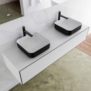 MONDIAZ LAGOM 150 badmeubel solid surface urban 2 lades BINX dubbel 2 kraangaten