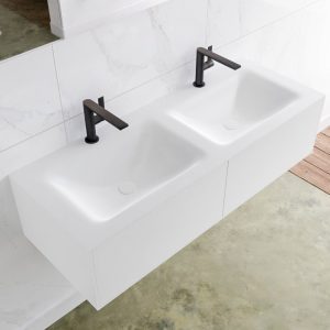 MONDIAZ LAGOM 120 badmeubel solid surface talc 2 lades CLOUD dubbel 2 kraangaten