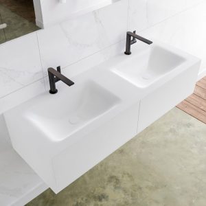 MONDIAZ LAGOM 130 badmeubel solid surface talc 2 lades CLOUD dubbel 2 kraangaten