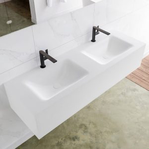 MONDIAZ LAGOM 140 badmeubel solid surface talc 1 lade CLOUD dubbel 2 kraangaten
