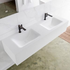 MONDIAZ LAGOM 150 badmeubel solid surface talc 1 lade CLOUD dubbel 2 kraangaten