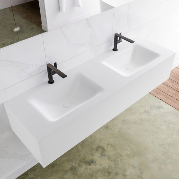 MONDIAZ LAGOM 150 badmeubel solid surface talc 1 lade CLOUD dubbel 2 kraangaten