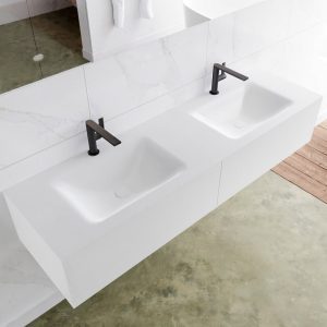 MONDIAZ LAGOM 160 badmeubel solid surface talc 2 lades CLOUD dubbel 2 kraangaten