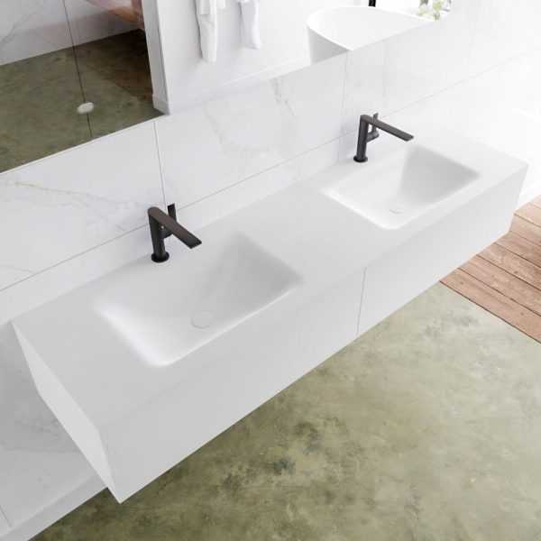 MONDIAZ LAGOM 170 badmeubel solid surface talc 2 lades CLOUD dubbel 2 kraangaten