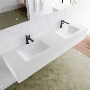 MONDIAZ LAGOM 180 badmeubel solid surface talc 2 lades CLOUD dubbel 2 kraangaten