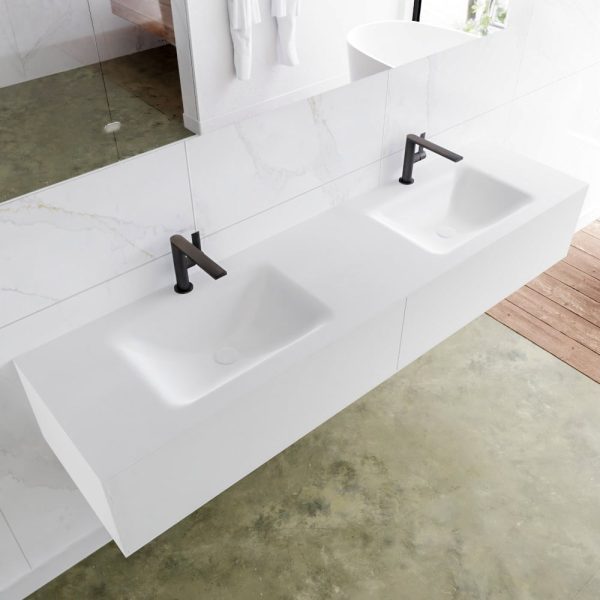 MONDIAZ LAGOM 180 badmeubel solid surface talc 2 lades CLOUD dubbel 2 kraangaten