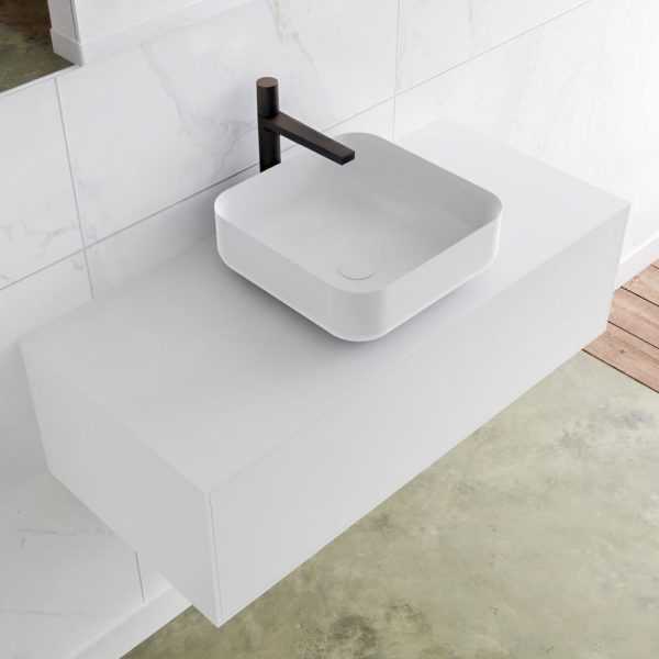 MONDIAZ LAGOM 100 badmeubel solid surface talc 1 lades BINX midden 1 kraangat