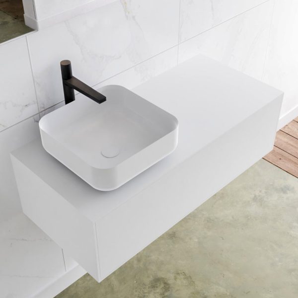MONDIAZ LAGOM 100 badmeubel solid surface talc 1 lades BINX links 1 kraangat