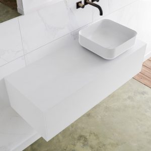MONDIAZ LAGOM 110 badmeubel solid surface talc 1 lades BINX rechts 0 kraangaten