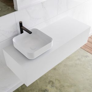 MONDIAZ LAGOM 120 badmeubel solid surface talc 1 lades BINX links 1 kraangat