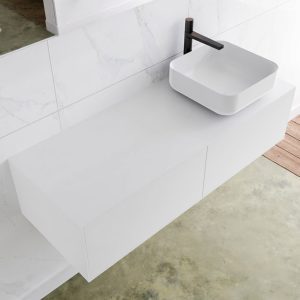 MONDIAZ LAGOM 120 badmeubel solid surface talc 2 lades BINX rechts 1 kraangat