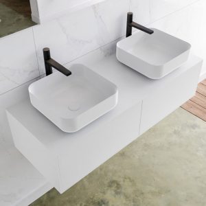 MONDIAZ LAGOM 120 badmeubel solid surface talc 2 lades BINX dubbel 2 kraangaten