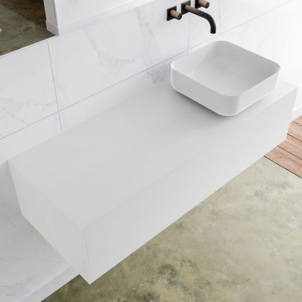 MONDIAZ LAGOM 120 badmeubel solid surface talc 1 lades BINX rechts 0 kraangaten