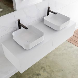 MONDIAZ LAGOM 130 badmeubel solid surface talc 2 lades BINX dubbel 2 kraangaten