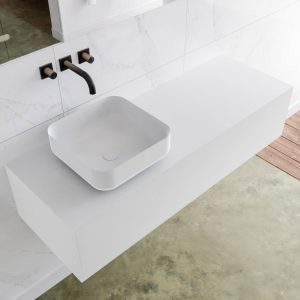 MONDIAZ LAGOM 130 badmeubel solid surface talc 1 lades BINX links 0 kraangaten