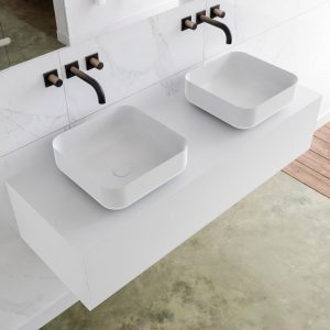 MONDIAZ LAGOM 130 badmeubel solid surface talc 1 lades BINX dubbel 0 kraangaten