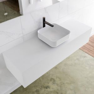 MONDIAZ LAGOM 140 badmeubel solid surface talc 1 lades BINX midden 1 kraangat
