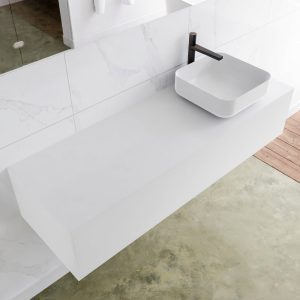 MONDIAZ LAGOM 140 badmeubel solid surface talc 1 lades BINX rechts 1 kraangat