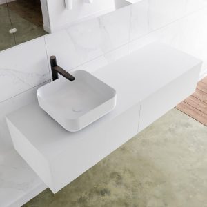 MONDIAZ LAGOM 140 badmeubel solid surface talc 2 lades BINX links 1 kraangat
