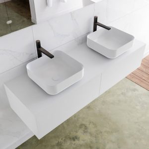 MONDIAZ LAGOM 140 badmeubel solid surface talc 2 lades BINX dubbel 2 kraangaten