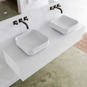 MONDIAZ LAGOM 140 badmeubel solid surface talc 1 lades BINX dubbel 0 kraangaten