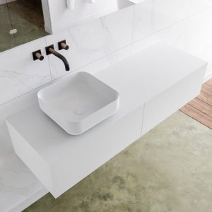 MONDIAZ LAGOM 140 badmeubel solid surface talc 2 lades BINX links 0 kraangaten